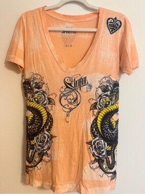 Sinful By Affliction Graphic Tee Size M Orange Y2K Cyber Grunge Snake Rose